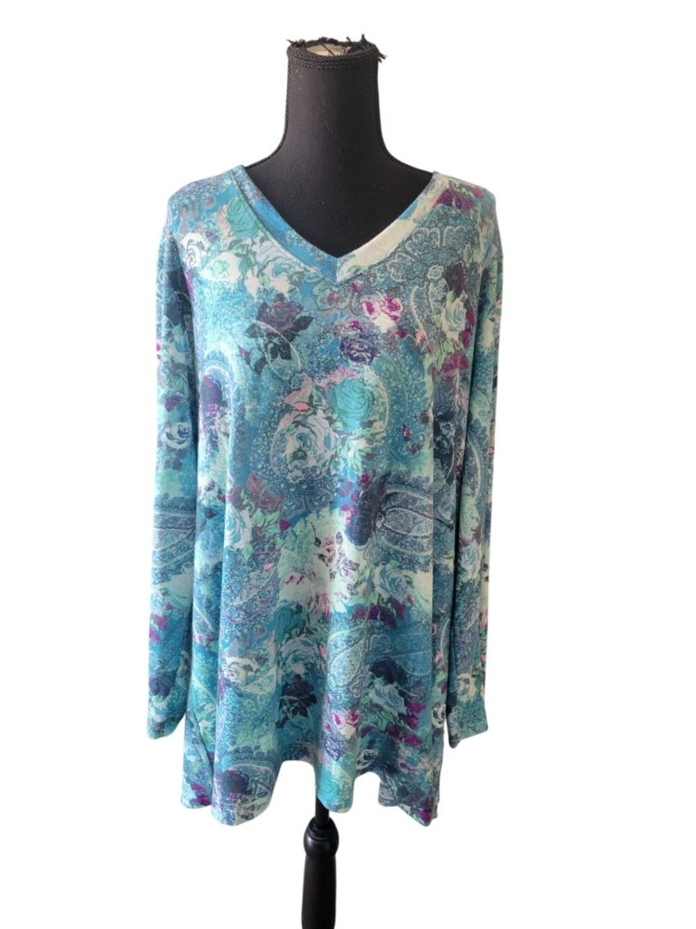Soft Surroundings tunic top featuring a blue floral paisley print and a V-neck - Picture 2 of 11